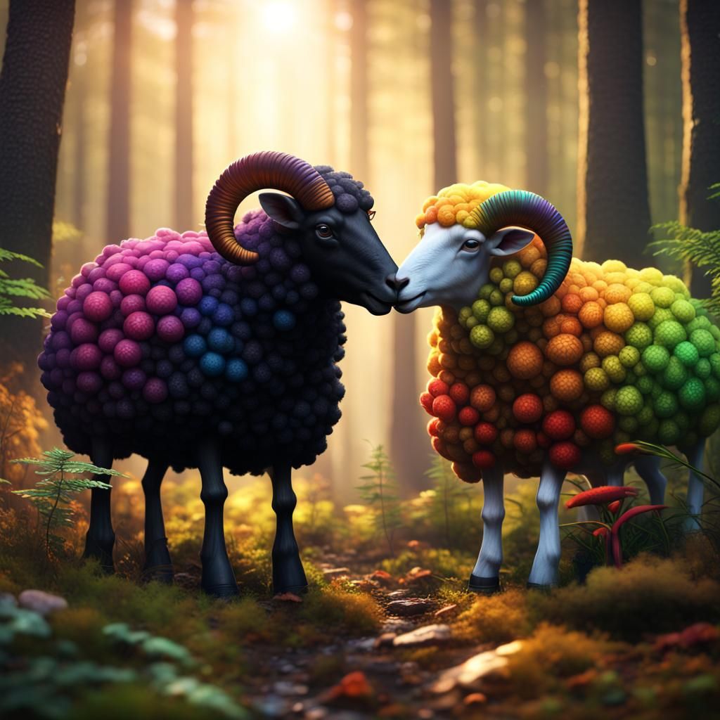 Rainbow Sheep Kiss in Forest: Fantasy Concept Art