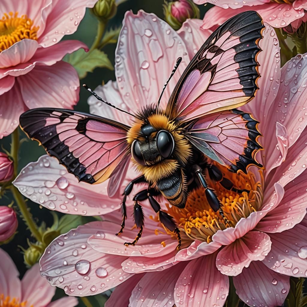 Gothic Butterfly Bee in Pastel Flower, Impasto Painting