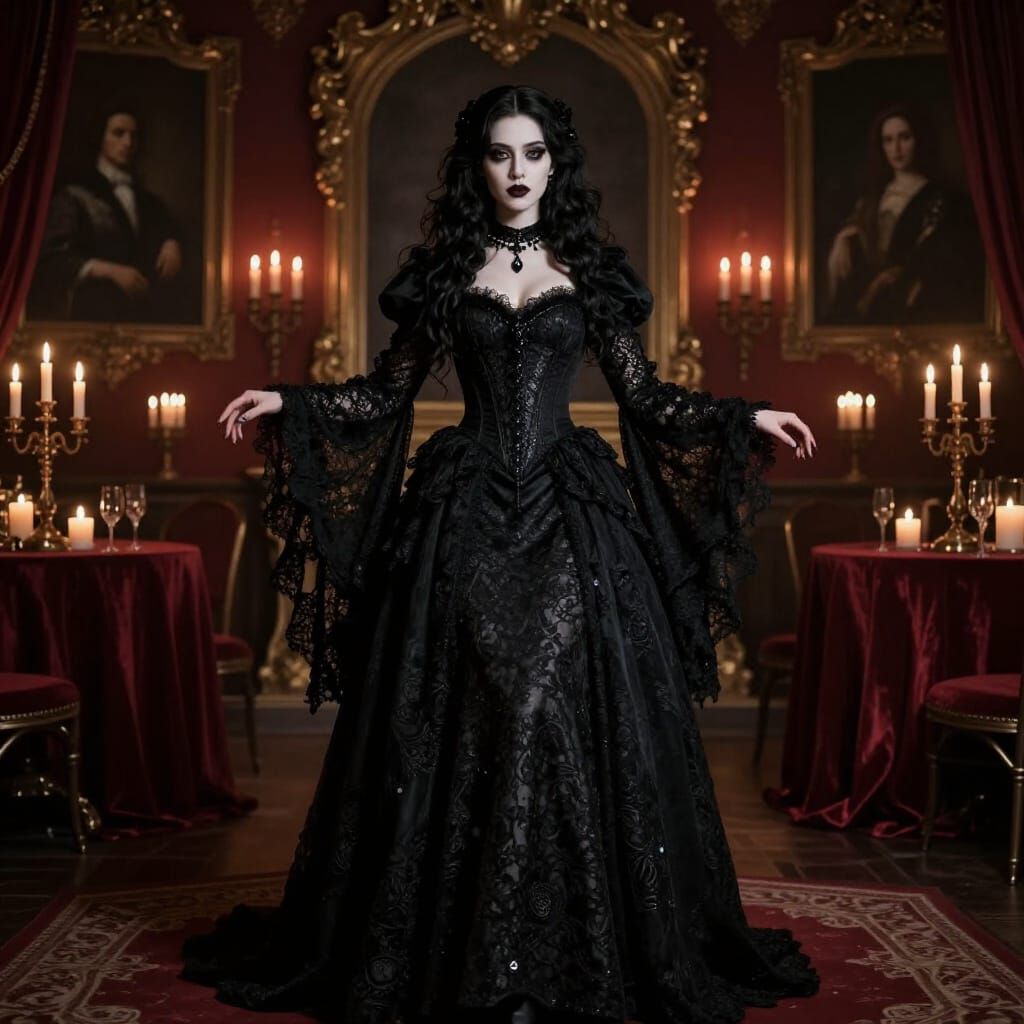 Goth Woman in Lace Gown in Moody Ballroom