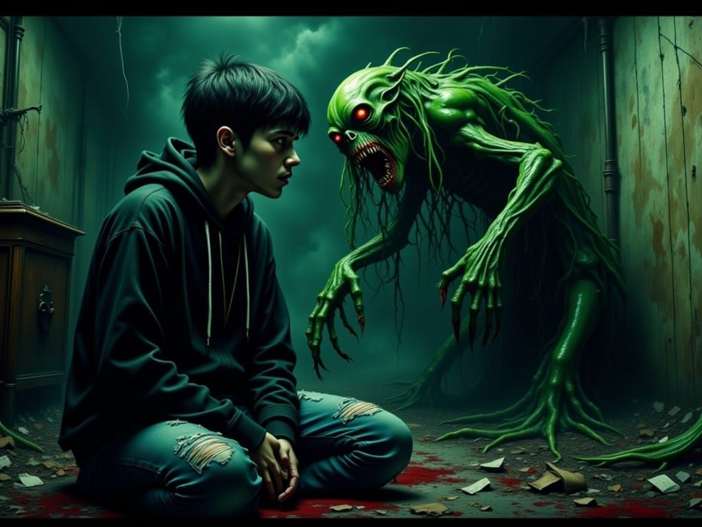 Dark Horrorcore Scene: Celery Stalk Monster Terrorizes Teen