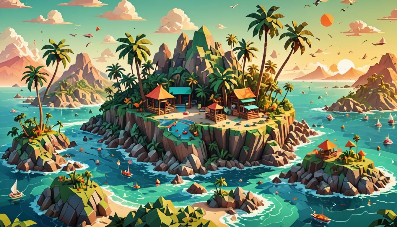 Pixel Art Island Sunset in Pastel Watercolor Style