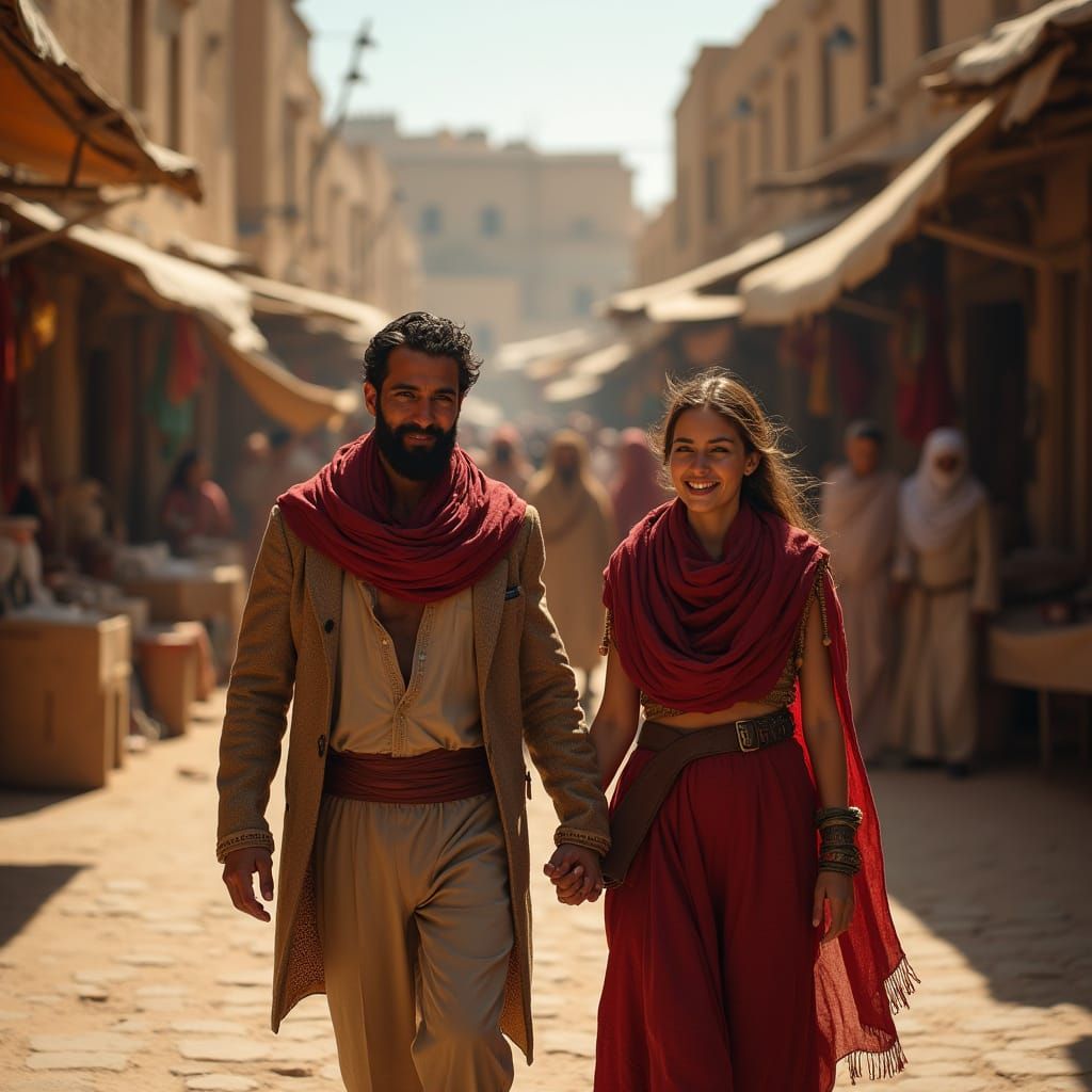 Couple in Crimson Scarves Stroll Biblical Market