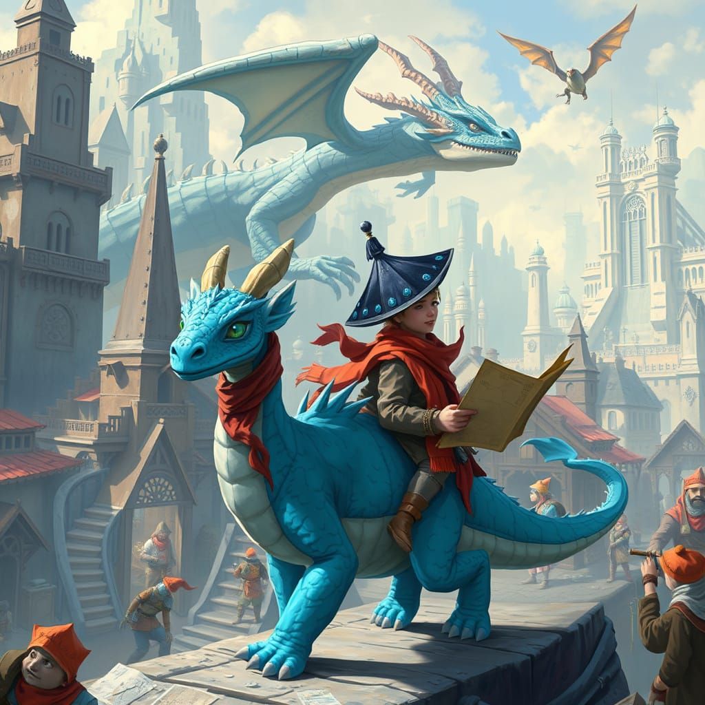 Dragon Cityscape: Cyan Dragon and Human Companion