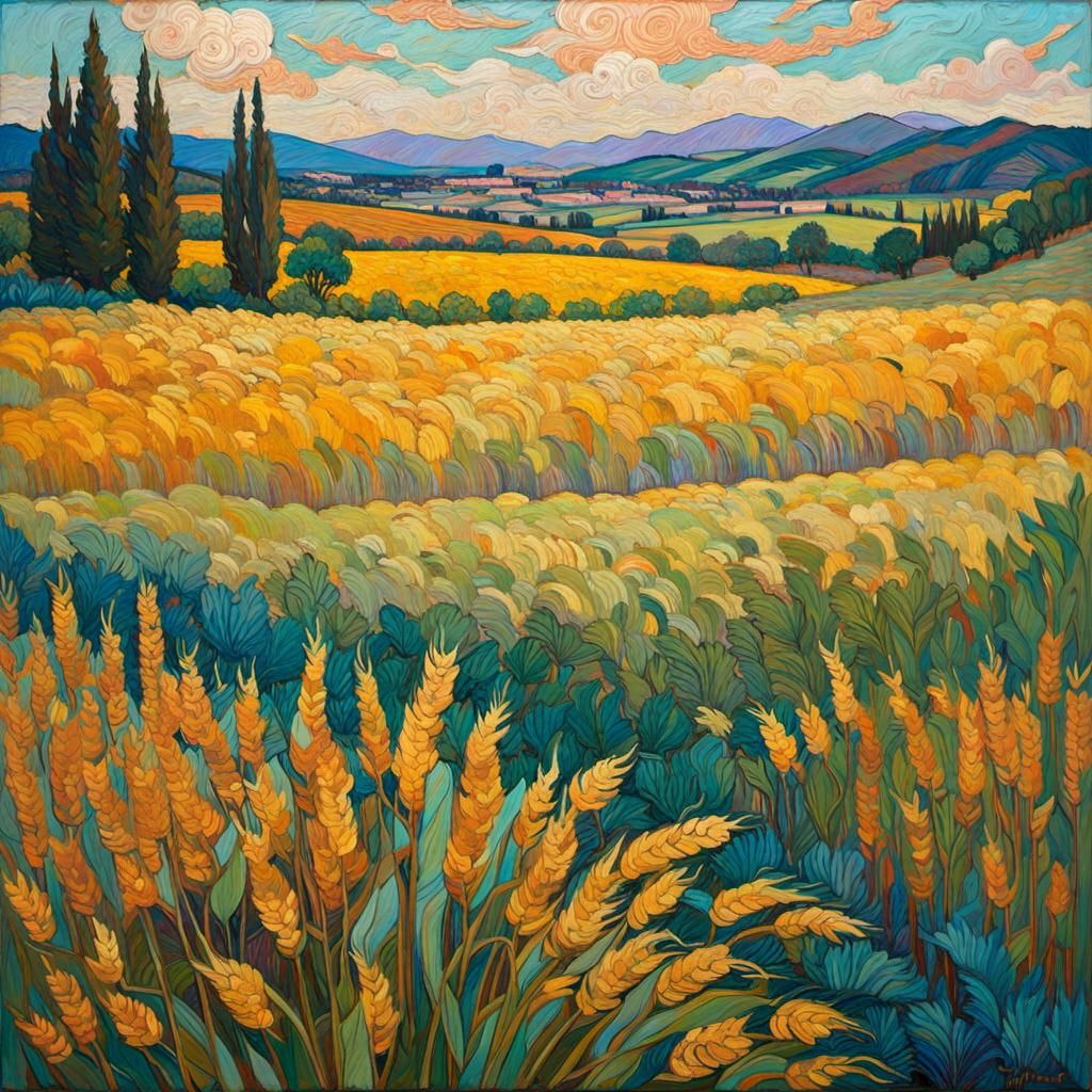 Encaustic Wheat Field Painting with Art Brut Details