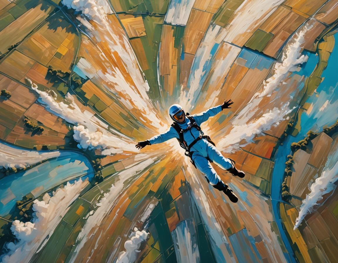 Abstract Expressionism: Skydiver in Freefall Over Farmland