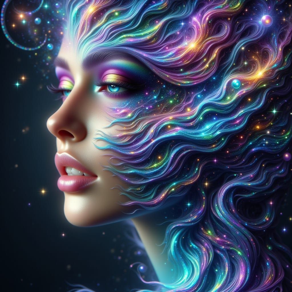 Cosmic Woman Face Merging with Iridescent Energy