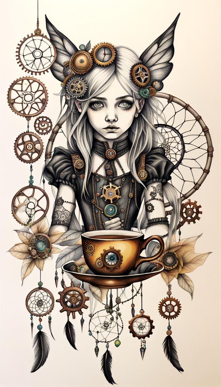 Steampunk Dreamcatchers with Fairies in Childlike Drawing