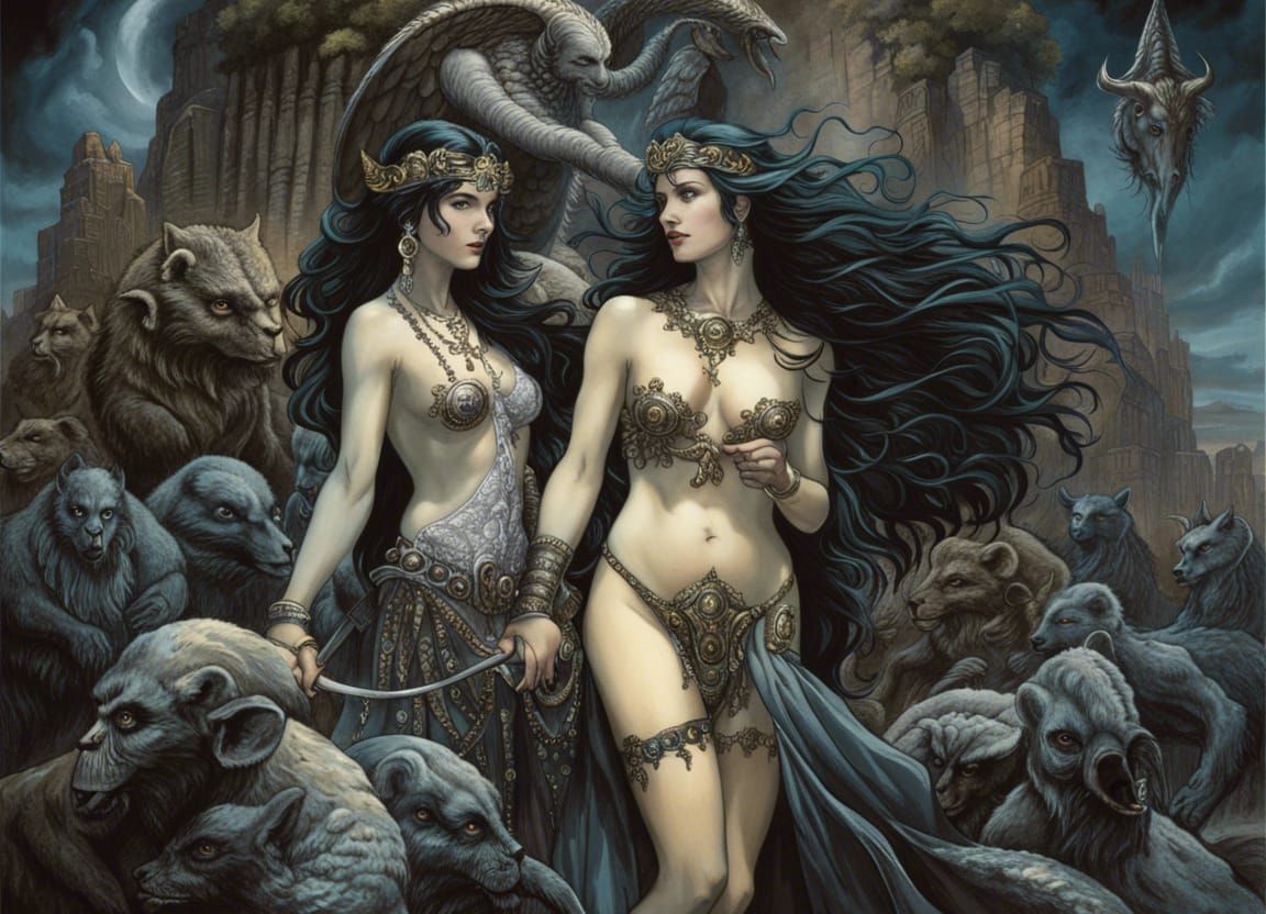 Lilith and Adam: Grimdark Eden Painting in Ink Art