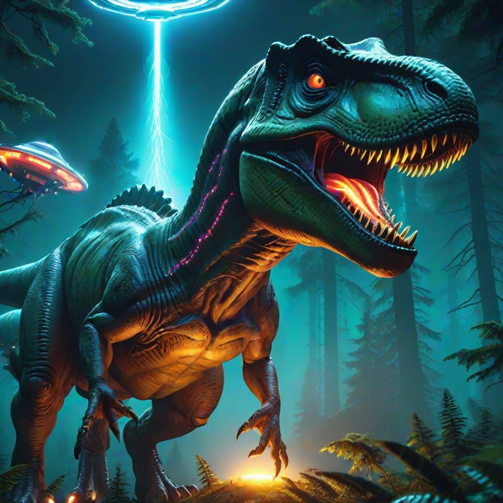 T-Rex Meets UFO in Dark Forest Sci-Fi Scene