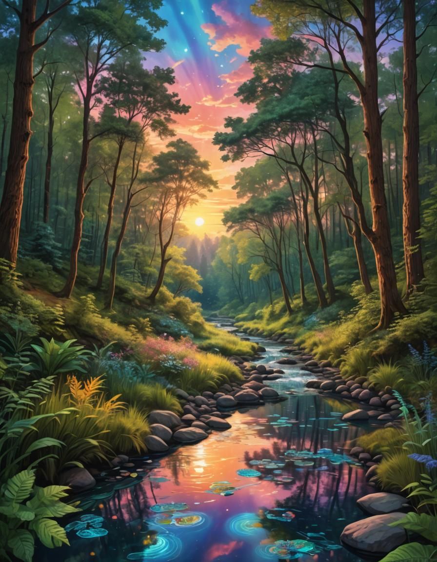 Forest River Sunset: Holographic Astral Illustration