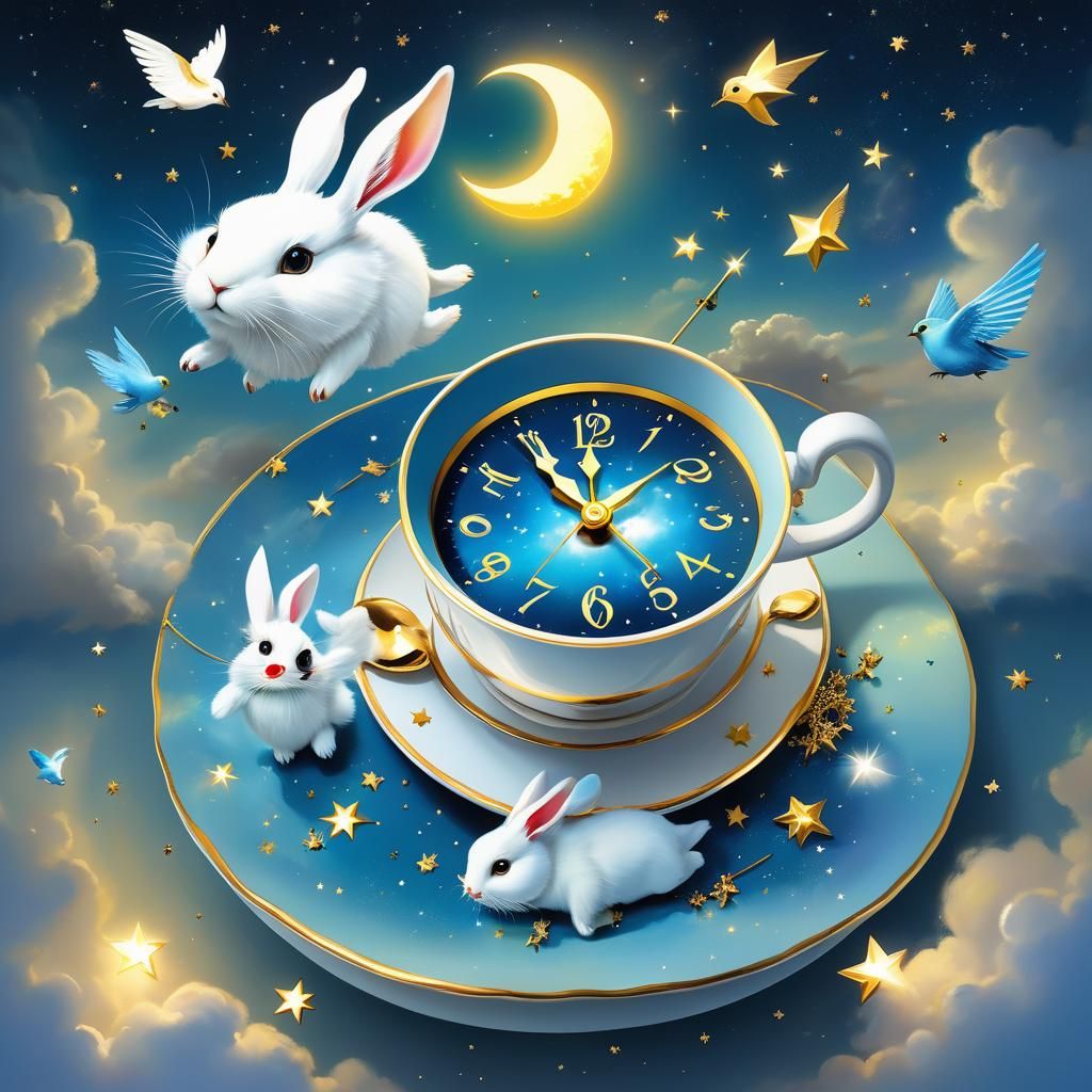 Flying Teacup with Rabbit and Birds in Surreal Style