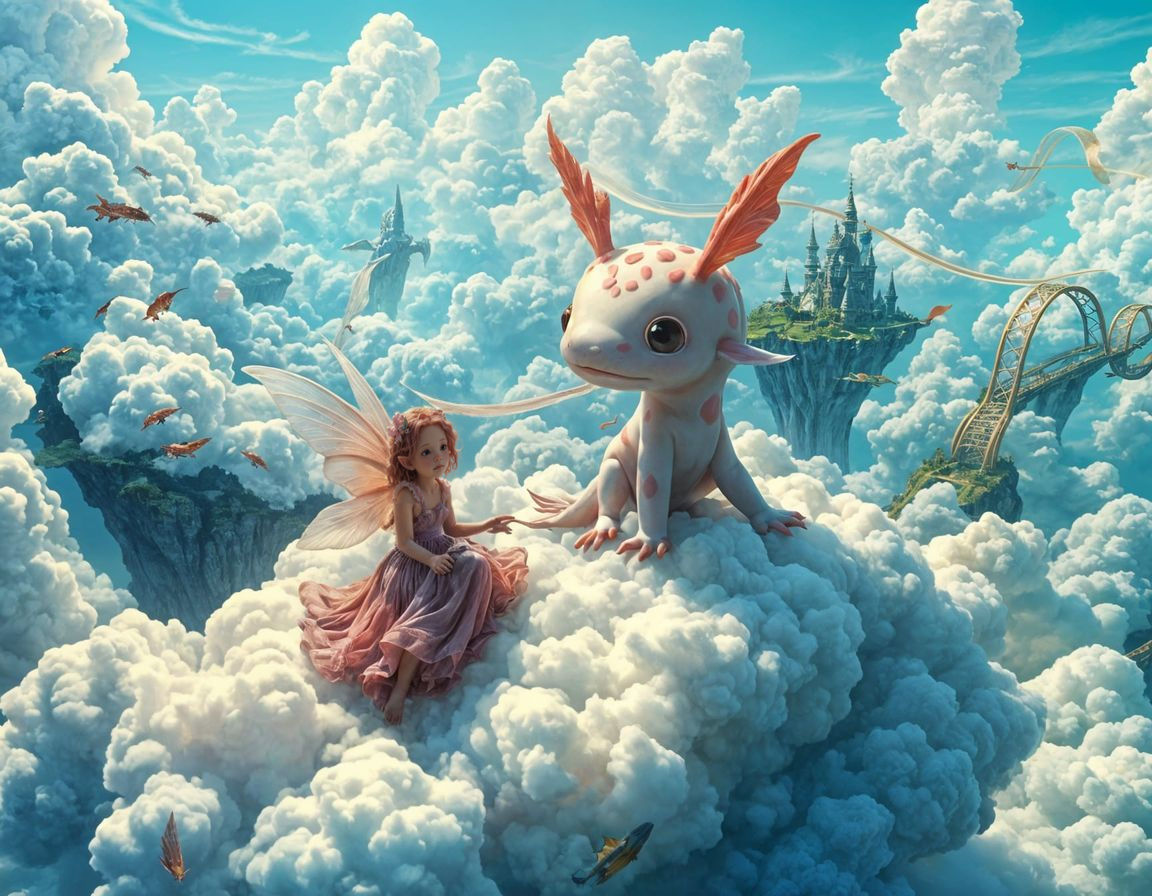 Whimsical Fairy and Axolotl Fantasy Scene in Dreamy Cloud Re...