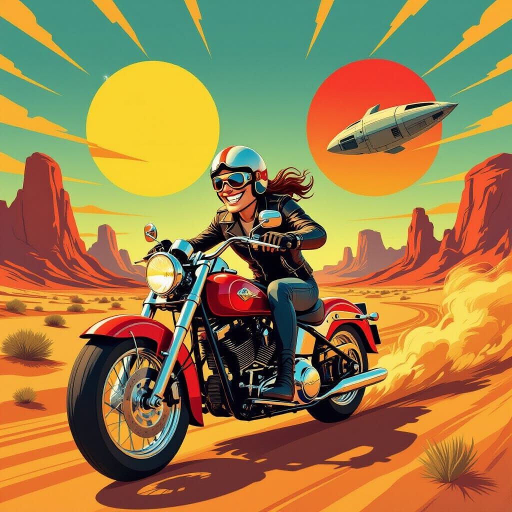 Retro Cartoon Motorcycle Rider in Surreal Desert