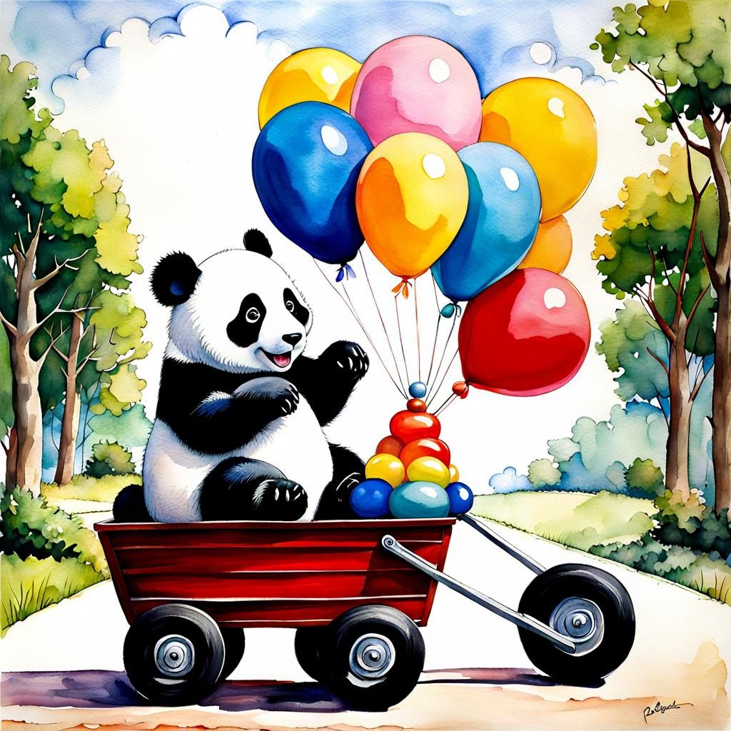 Watercolor Painting of Animal Balloons and Clown