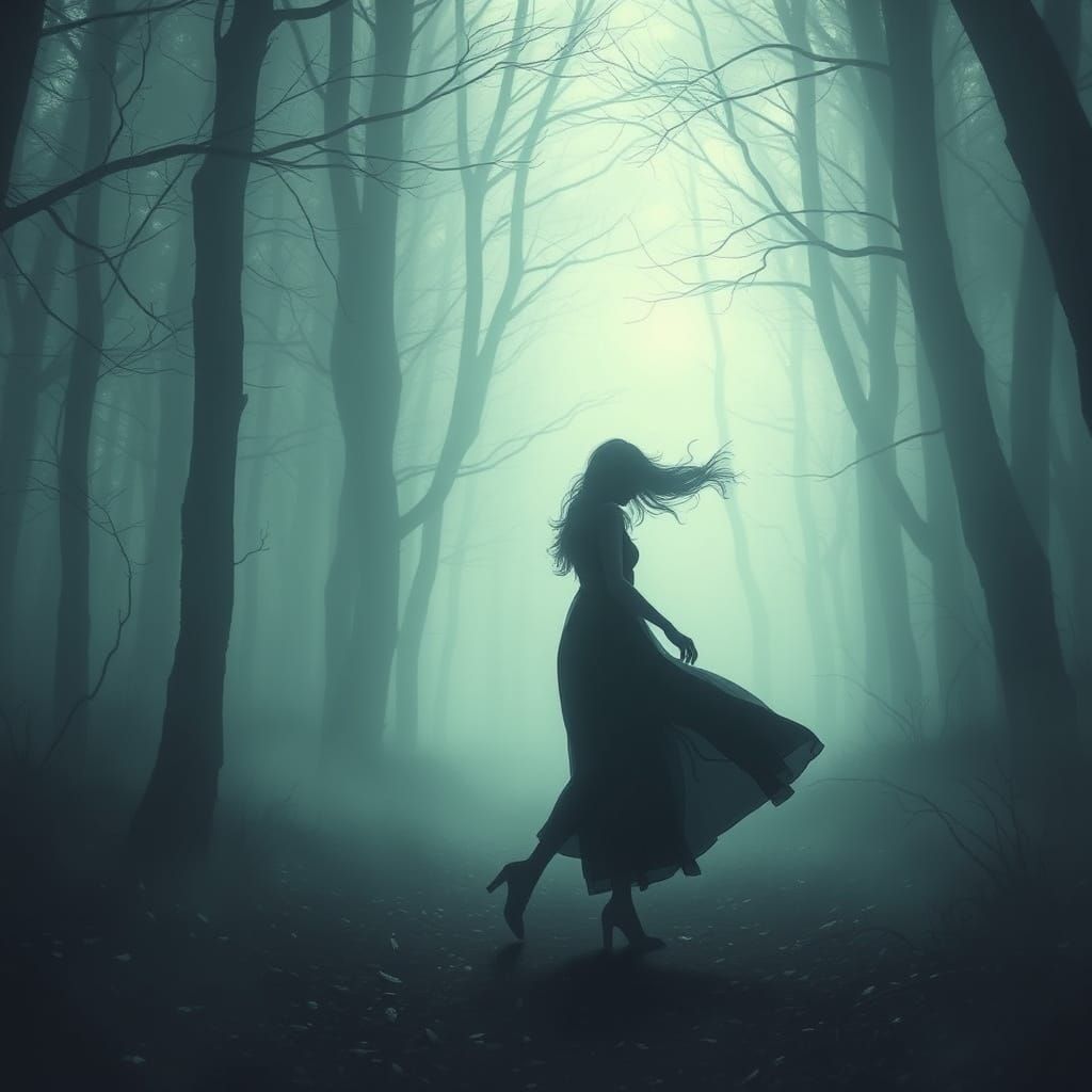 Mysterious Woman Walking Widdershins in Misty Forest