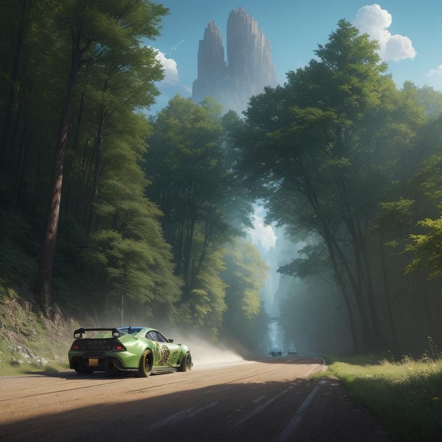 Drag Racing Landscape Painting in Studio Ghibli Style