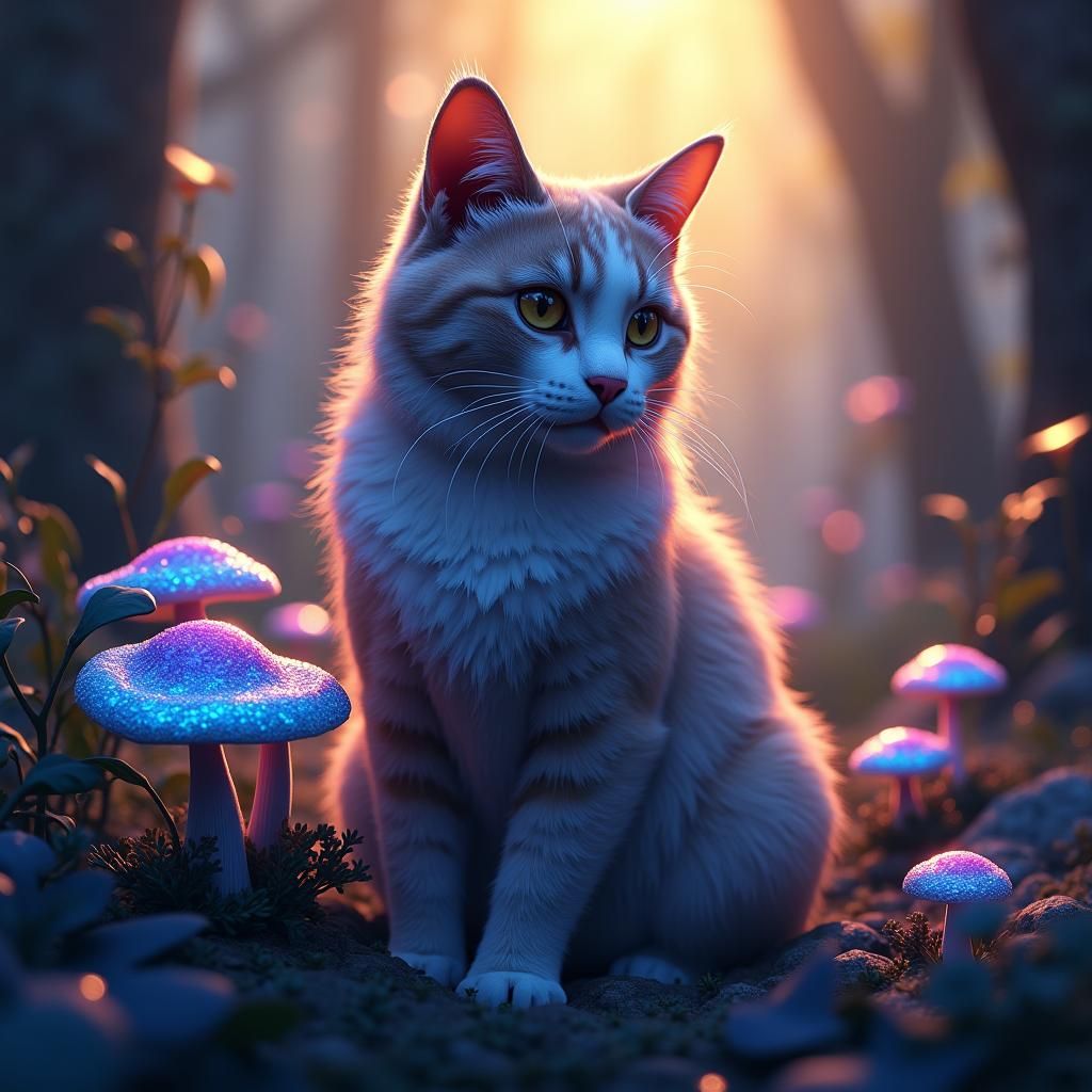 Majestic Cat in Bioluminescent Fantasy Landscape