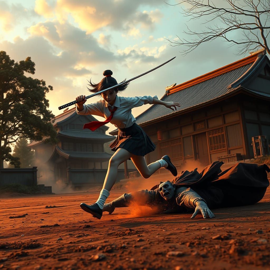 Dark Vampire Slayer in School Girl Uniform, Katana Raised in...