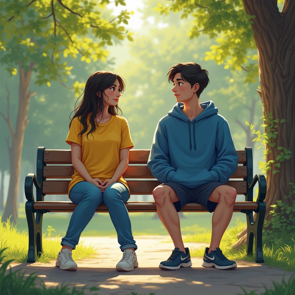 Park Bench Conversation in Vibrant Atmospheric Style