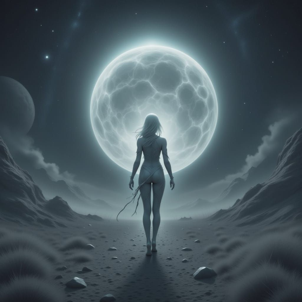 Spectral Girl on Desolate Planet in Futuristic Style