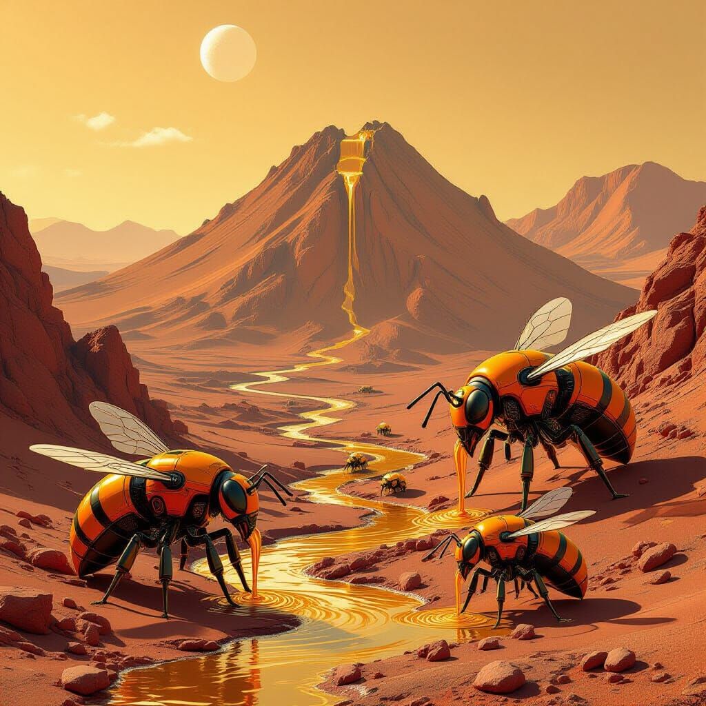 Robotic Bees on Mars in Surreal Sci-Fi Landscape