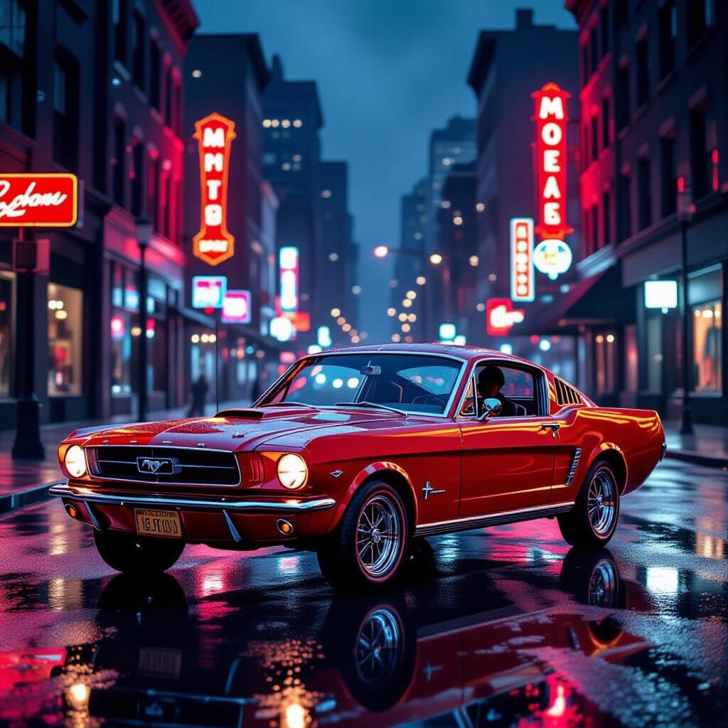 Vintage Mustang on Wet City Street at Night, Oil Painting St...