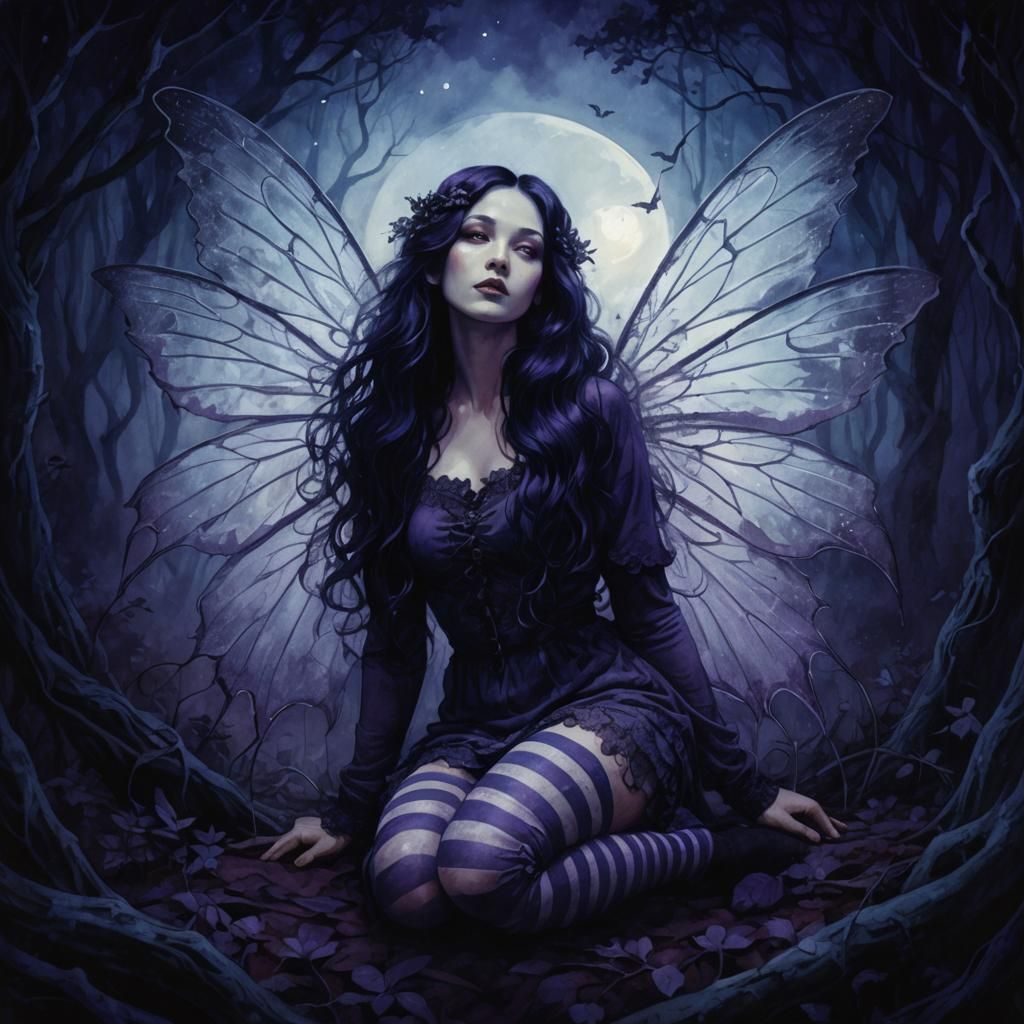Ethereal Winged Woman in Moonlit Forest