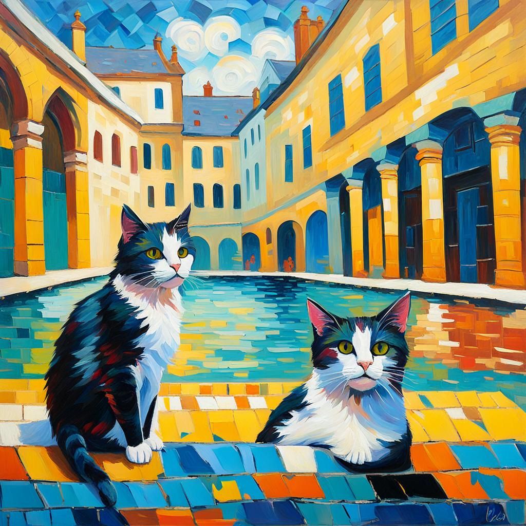 Cats in the Great Bath: Neo-Impressionist Oil Painting