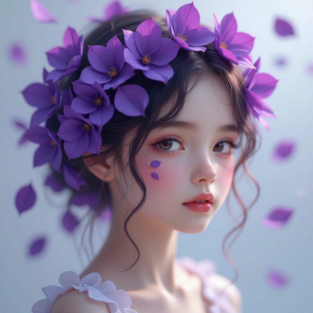 Ethereal Portrait with Dried Purple Petal Hair