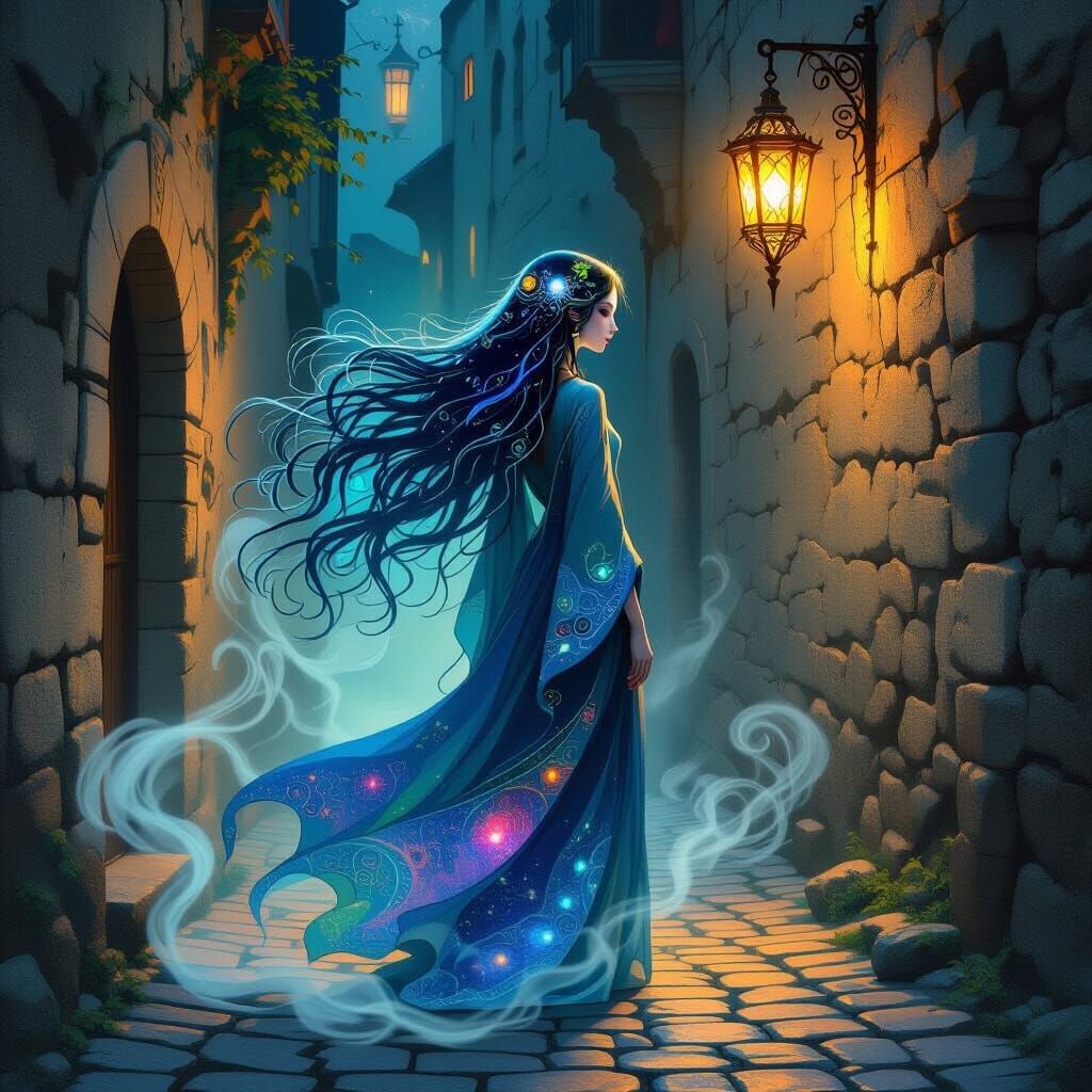 Ethereal Woman in Ancient Alleyway with Cosmic Hair