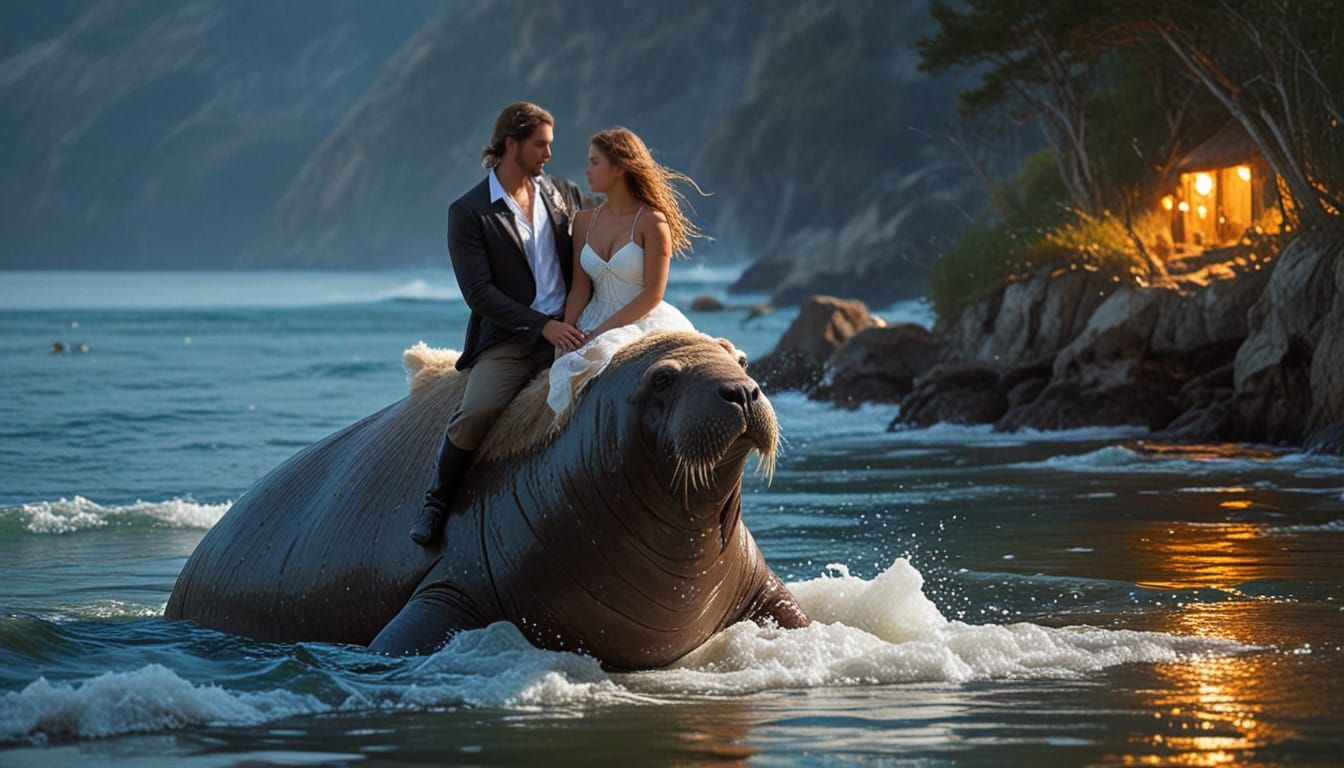 Enchanted Selkie Rides Majestic Walrus in Ethereal Cove