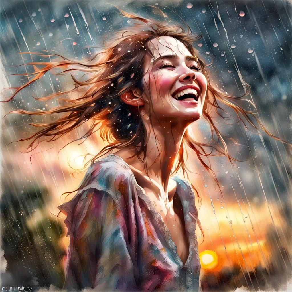 Woman Laughing in Rain, Watercolor Fantasy Art
