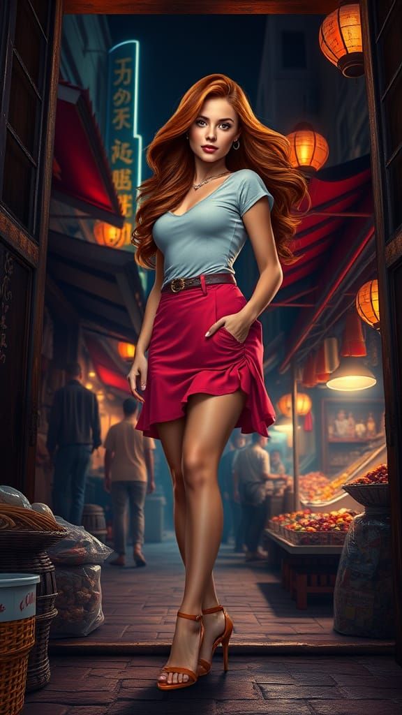 Woman in Night Marketplace with Ornate Art Nouveau Style