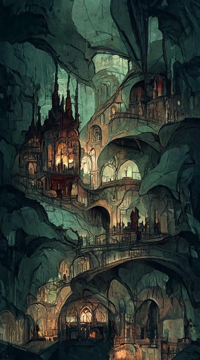 Gothic Cave City with Underground River, Art Nouveau Style