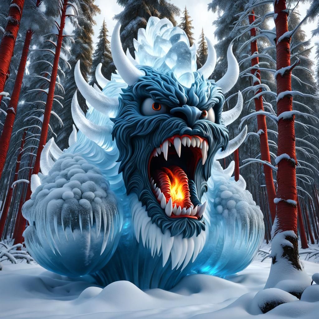 Icy Cloud Monster Sculpture in Winter Forest