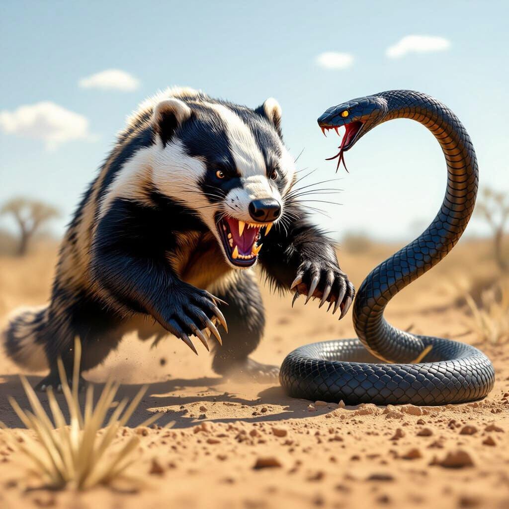 Fierce Badger Battles Black Mamba in Photorealistic Style