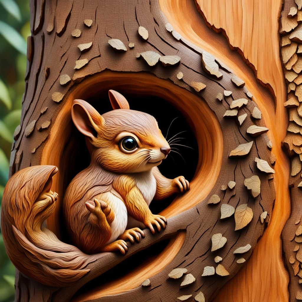 Squirrel Stares at Colossal Wooden Carving: Surreal Oil Pain...