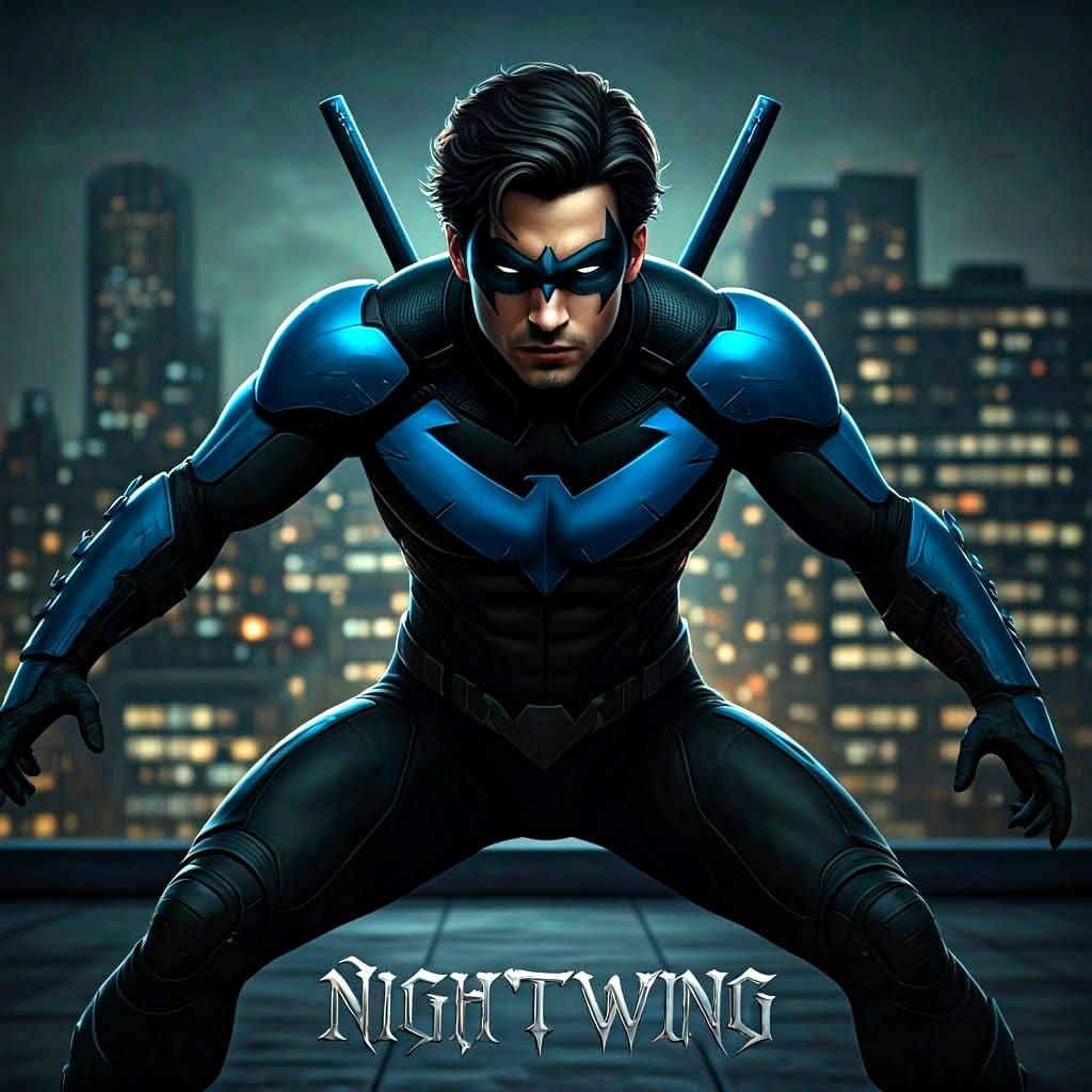 Nightwing on City Rooftop, Art Nouveau Style