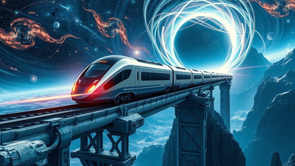 Ethereal Hyperrealistic Trains in a Cosmic Dreamscape