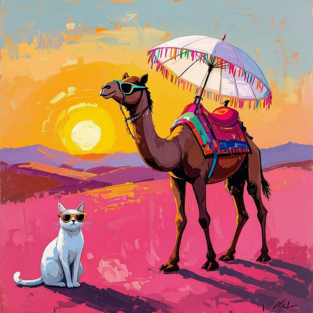 Dromedary and Cat Stroll in Pink Desert, Nolde Style
