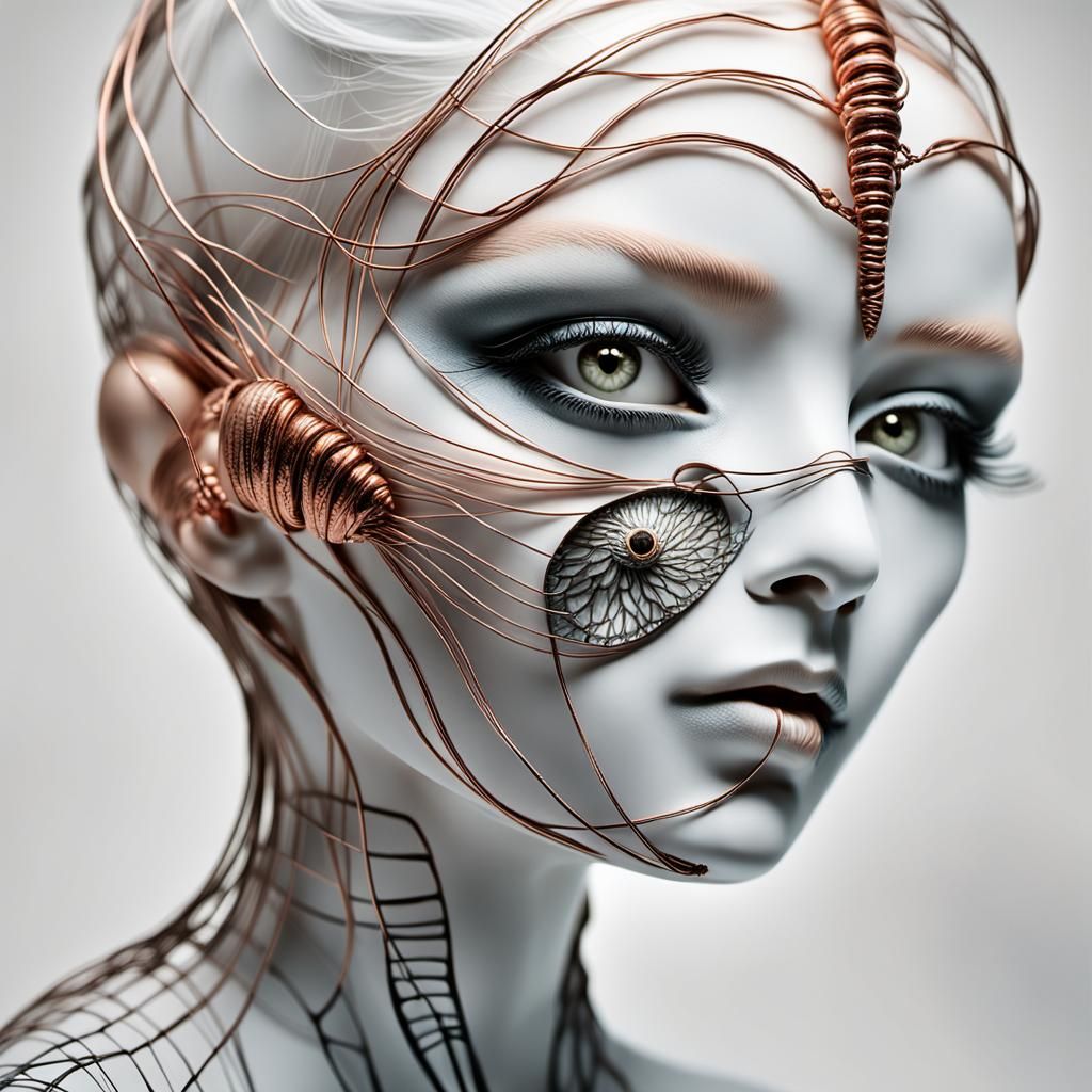 Surrealistic Porcelain Head with Copper Bug in Low-Key Light...