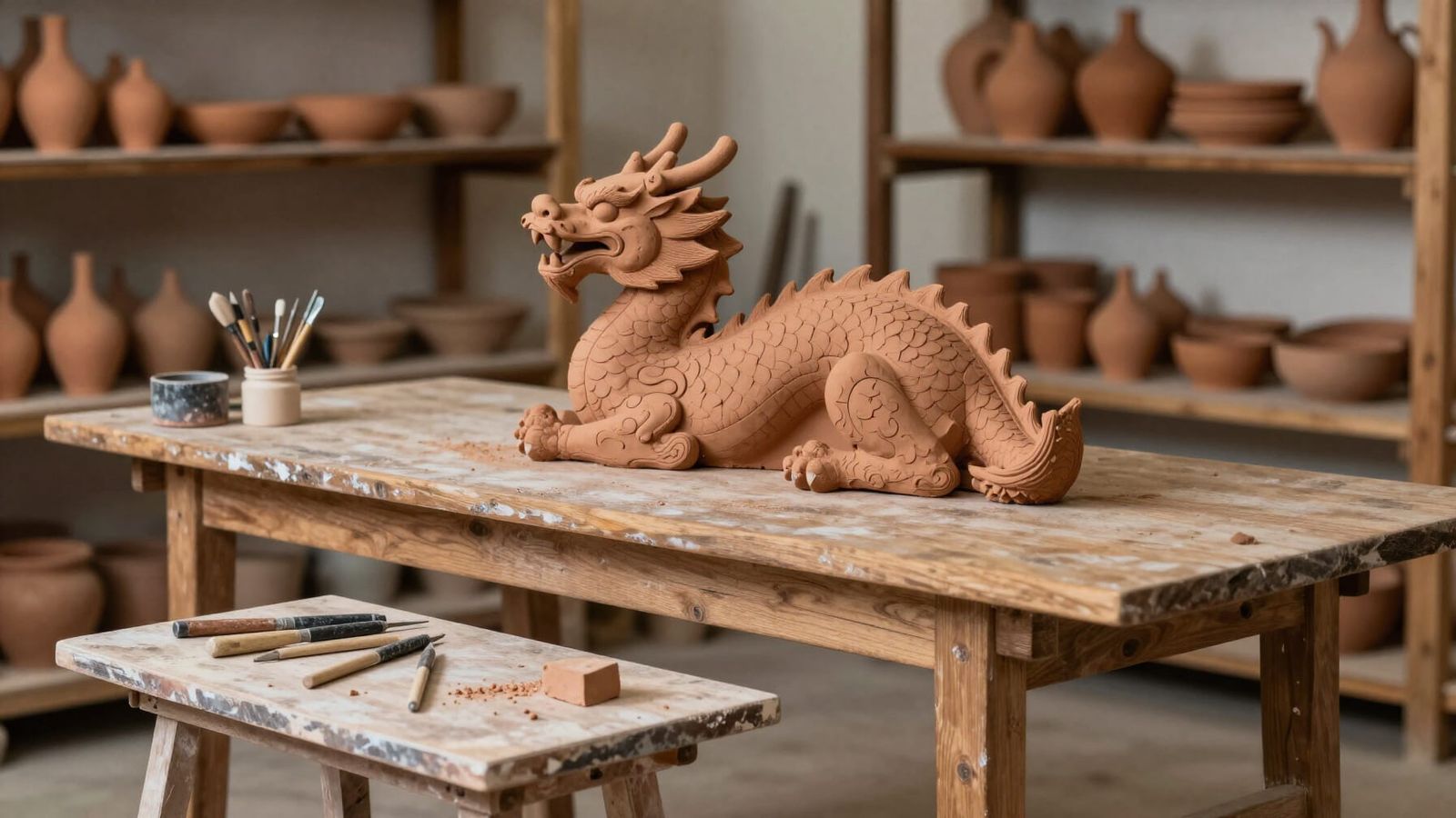 Unfinished Terra Cotta Chinese Dragon Sculpture