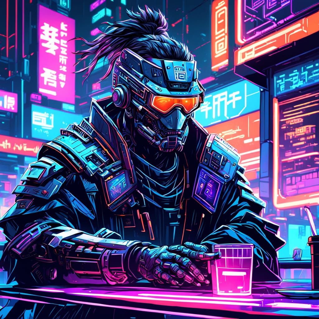 Cyber Samurai Sips Coffee in a Futuristic Cityscape