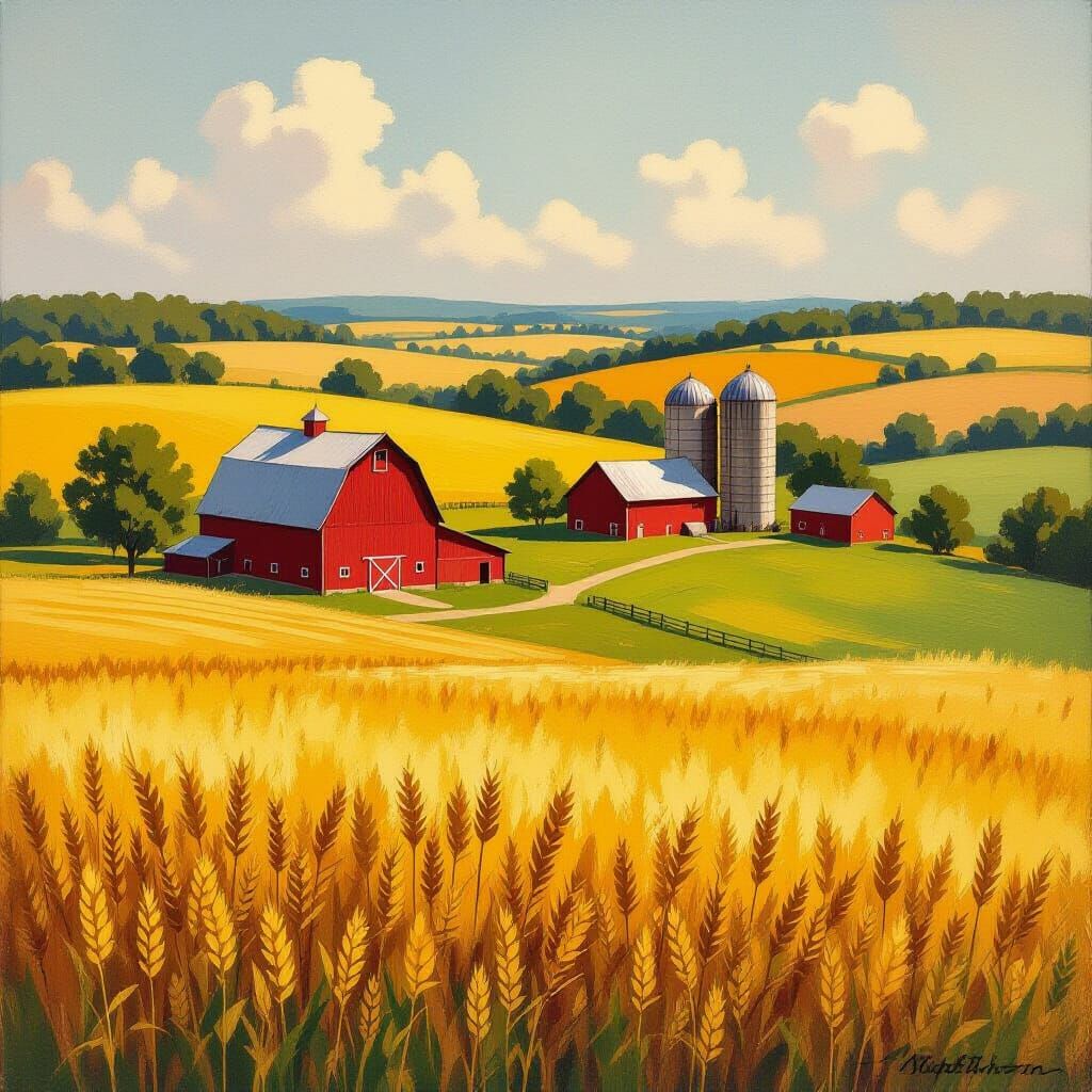 Rural Farmland Landscape in Impressionist Style