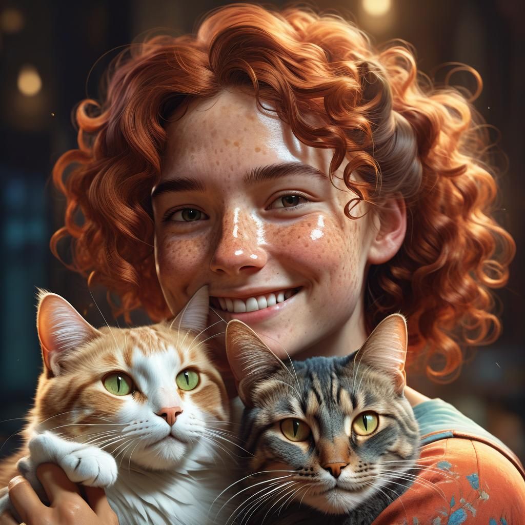 Woman Hugging Cat Portrait in Hyperdetailed Style
