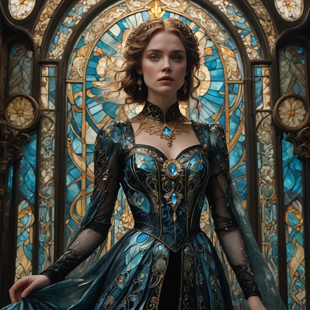 Art Nouveau Woman with Aquamarine and Gold Gown