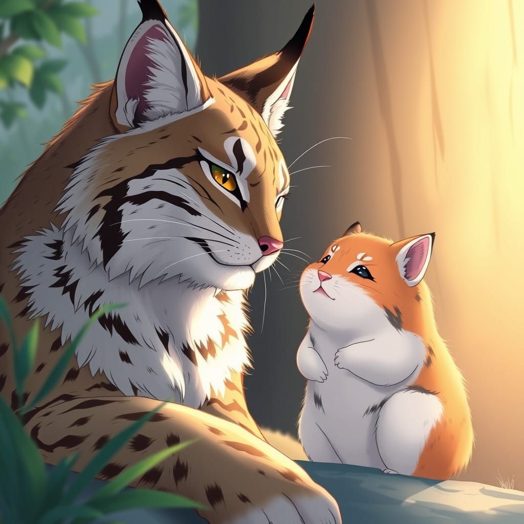 Majestic Lynx Envelops Adorable Hamster in Whimsical Japanes...