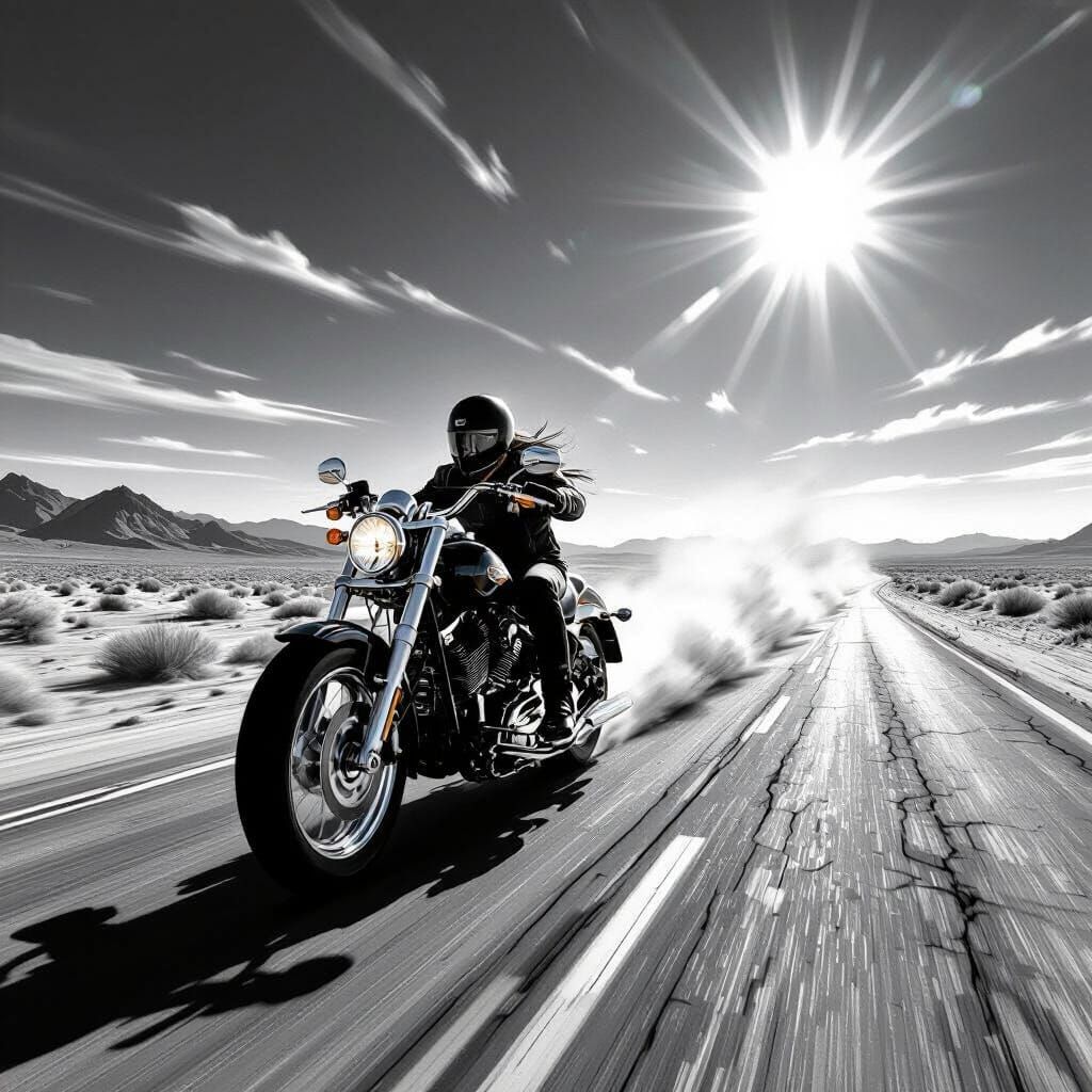 Motorcycle on Desert Highway: Hyperrealistic Art