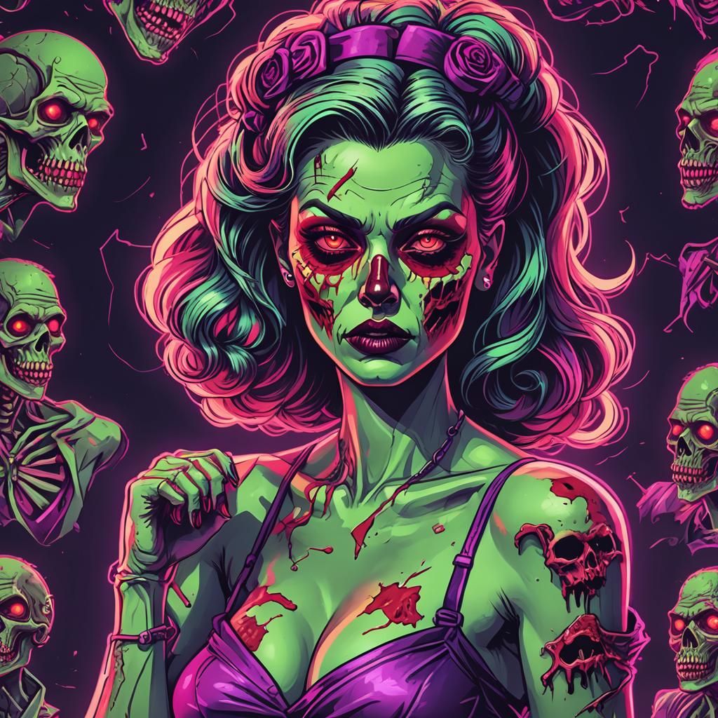 Zombie Pinup Girl in Synthwave Neon Style
