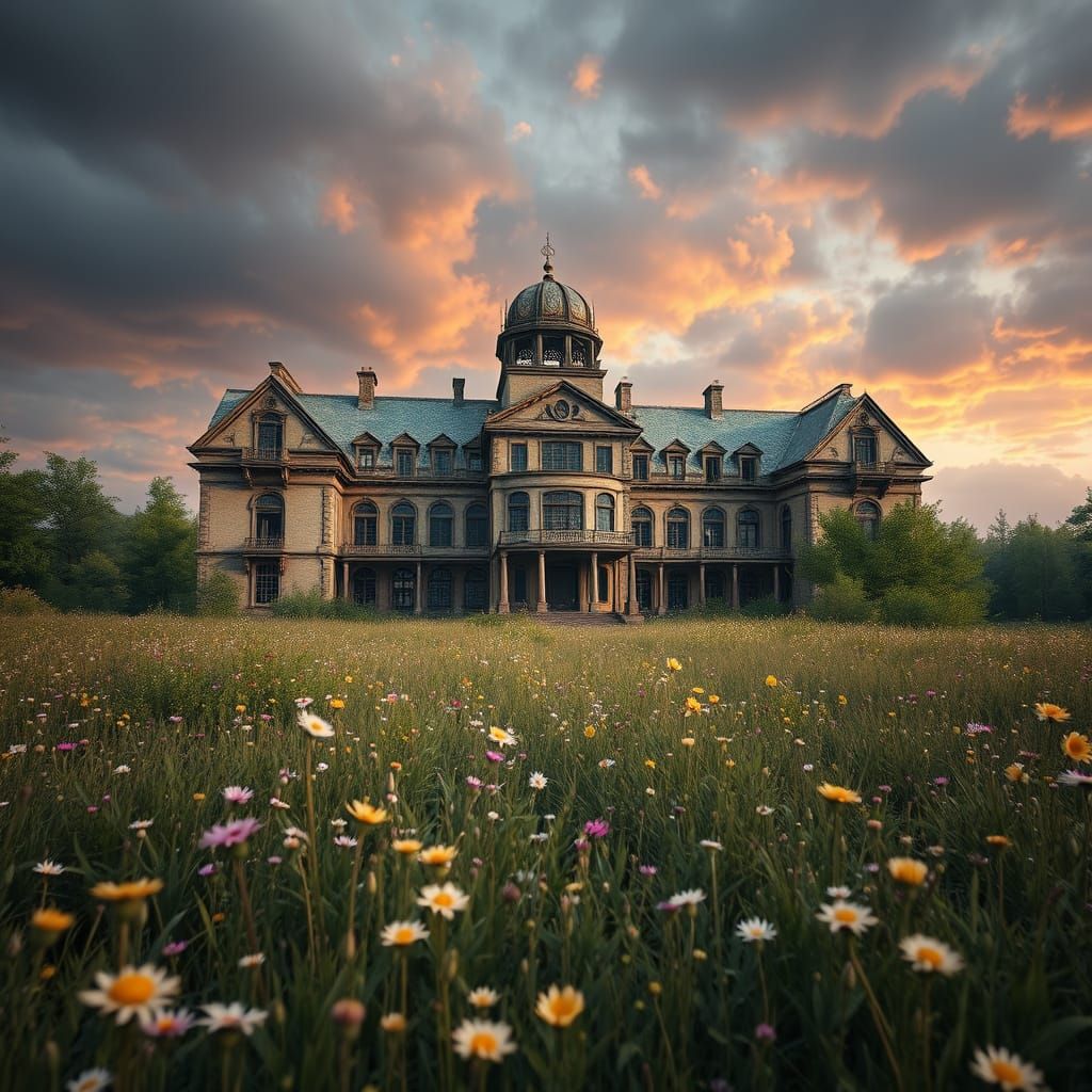 Abandoned Hospital with Meadow Flowers: Matte Painting